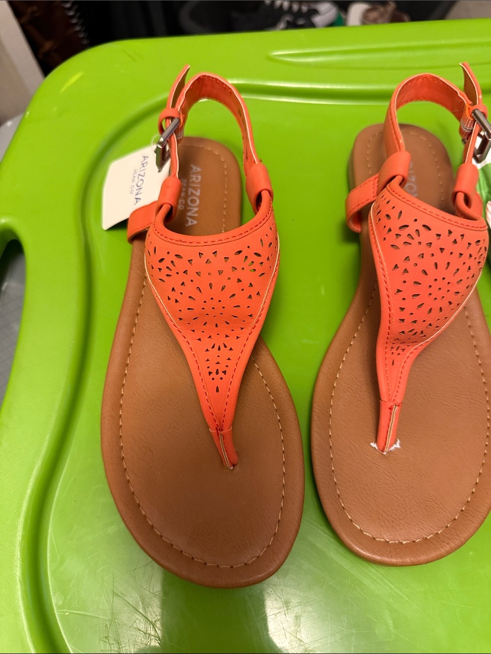 Arizona Jean Company women’s Orange T-strap Sandals with Tan Footbed